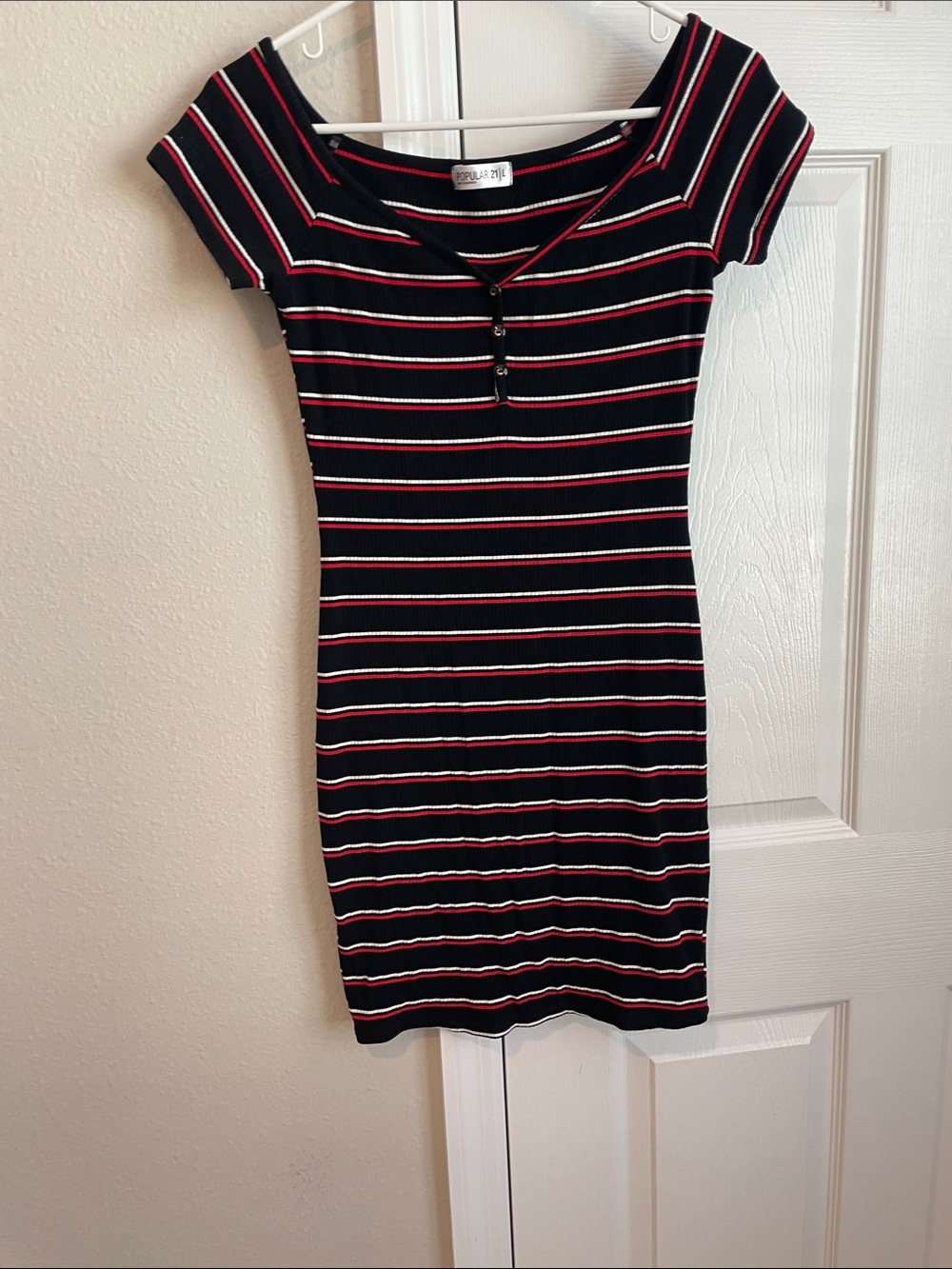 Striped Ribbed Henley Mini Dress in Black with Red & White Stripes